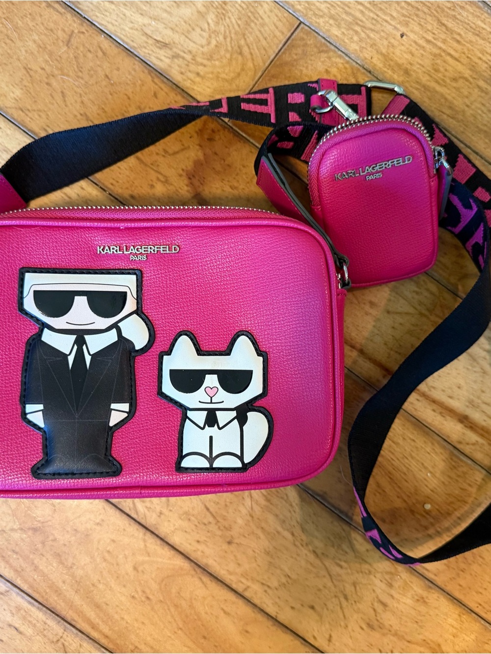 KARL LAGERFELD Hot Pink and Black Crossbody Bag with Logo Interior